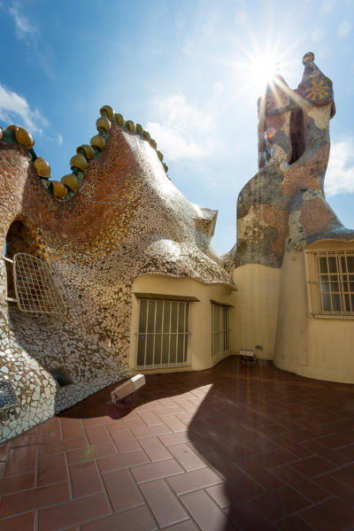 Barcelona, Spain, Casa Batlo rooftop details, chimney designed by Antonio Gaudi