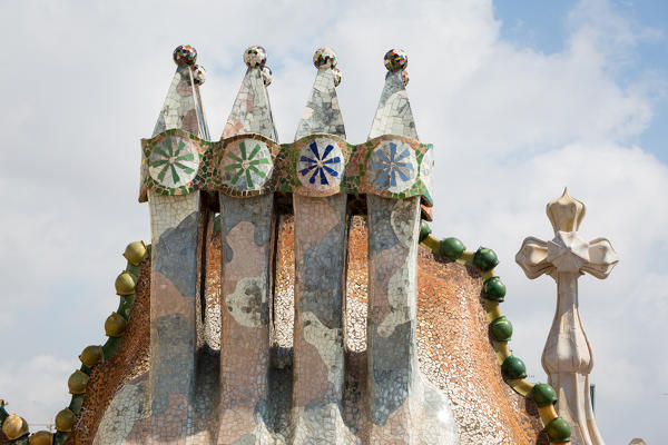 Barcelona, Spain, Casa Batlo rooftop details, chimney designed by Antonio Gaudi