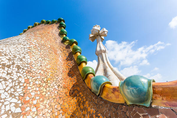 Barcelona, Spain, Casa Batlo rooftop details, chimney designed by Antonio Gaudi