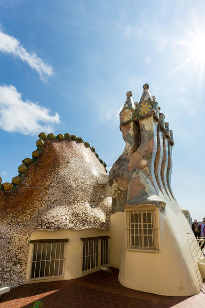 Barcelona, Spain, Casa Batlo rooftop details, chimney designed by Antonio Gaudi