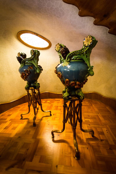 Barcelona, Spain, Casa Batlo rooftop details, chimney designed by Antonio Gaudi