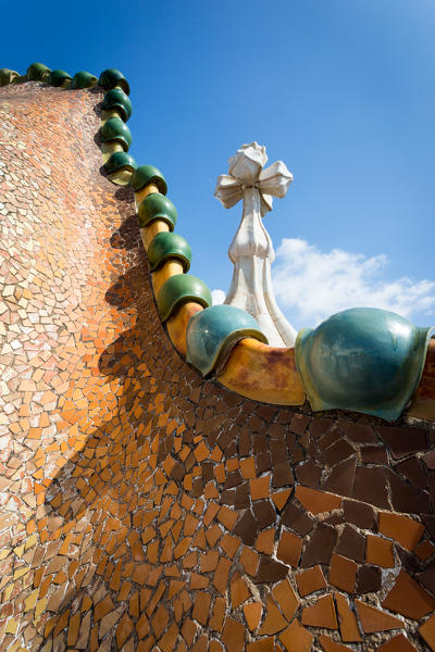 Barcelona, Spain, Casa Batlo rooftop details, chimney designed by Antonio Gaudi