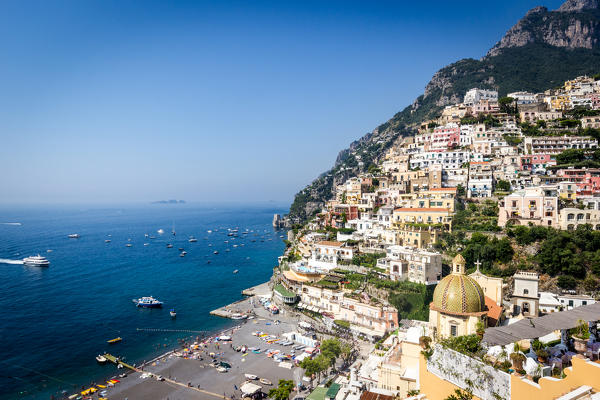 Positano, Amalfi Coast, Campania, Sorrento, Italy. View of the town and the seaside in a summer day