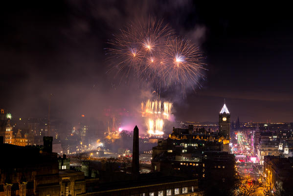 New Year's Eve in Edinburgh, Fireworks display from Calton Hill. Scotland, UK