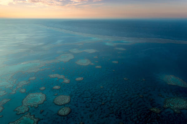 Great Barrier Reef, Queensland, Australia. Aerial View at sunset