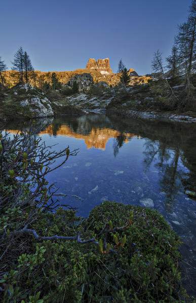 Averau mount, Lago di Limedes, Dolomites, Veneto, Italy. Averau is reflected in Limedes lake