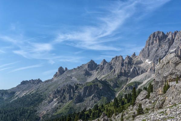 Panoramic view of Gardeccia valley, Catinaccio Dolomites. Trentino Alto-Adige South Tyrol, Italy, Europe