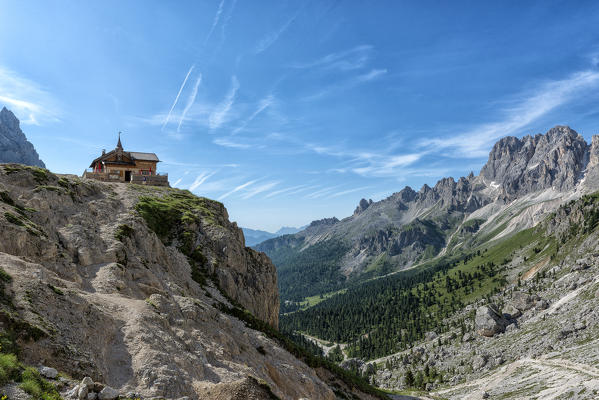 Panoramic view of the Gardeccia's peaks and Preuss refuge, Trentino Alto-Adige South Tyrol, Italy, Europe

