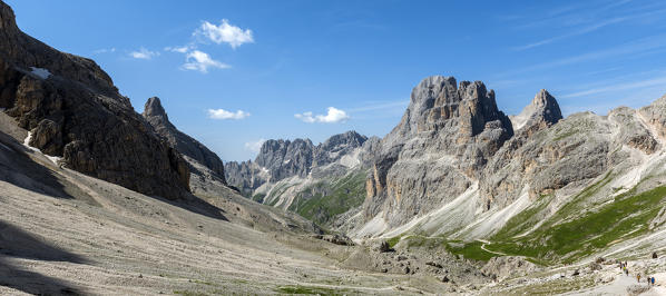 Panoramic view of Vajolet valley seen from principe refuge, dolomites, Italy
