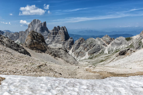 Panoramic view of Antermoia valley seen from Antermoia pass, dolomites, Italy
