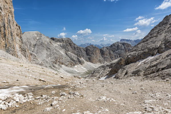 Panoramic view of Antermoia valley seen from Antermoia pass, dolomites, Italy