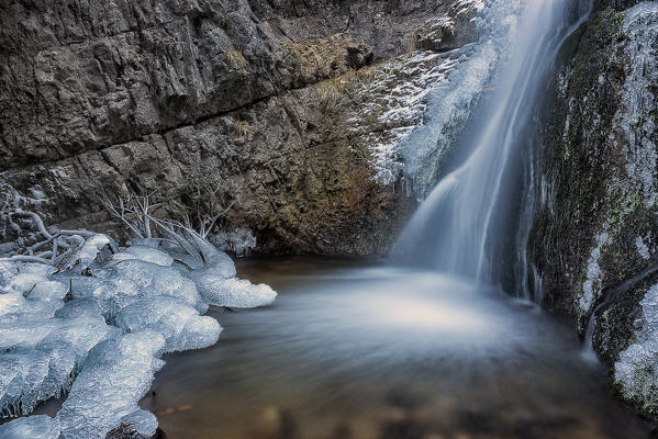 Koflertal waterfall in winter, Non Valley, Trentino Alto Adige, Italy