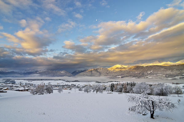 Italy, Trentino Alto Adige, sunset on Maddalene group and Non valley in a winter day.