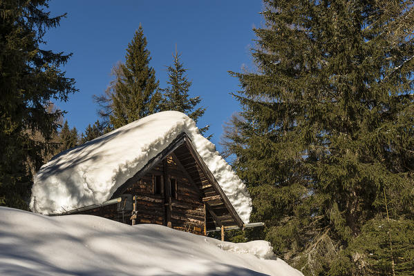 Italy, Trentino Alto Adige, Non valley, Snow on the roof of an hut in a winter marked by heavy snowfall.