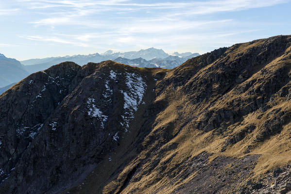 Italy, Trentino Alto Adige, Non valley, hiker on Luco Mount, in the background you see Brenta group.