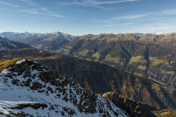 Italy, Trentino Alto Adige, Non valley, autumnal view from Luco mountain, in the background you see Oberettes peak and Palla Bianca mount.