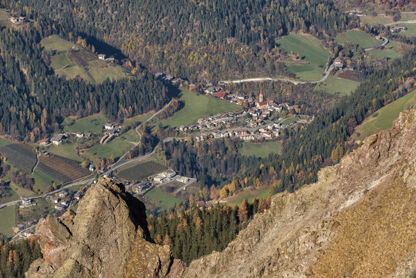 Italy, Trentino Alto Adige, Non valley, view from Luco mountain, San Pancrazio is a traditional village of South Tyrol with its typical church with a red roof.