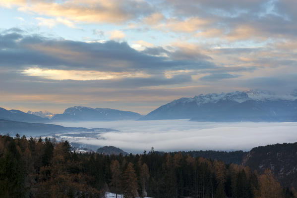 sunrise on the Non valley covered by fog, Trentino Alto Adige, Italy.