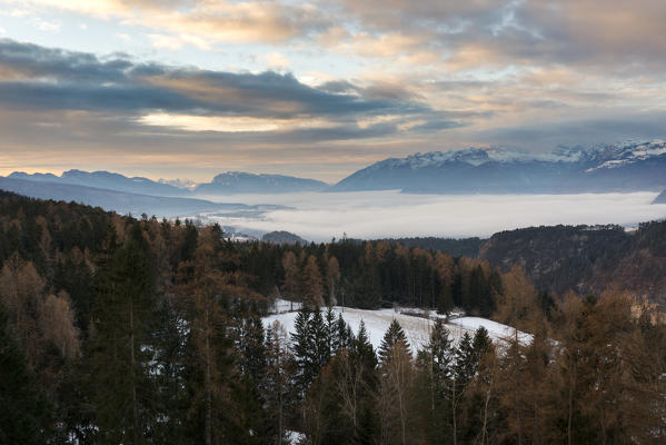 sunrise on the Non valley covered by fog, Trentino Alto Adige, Italy.