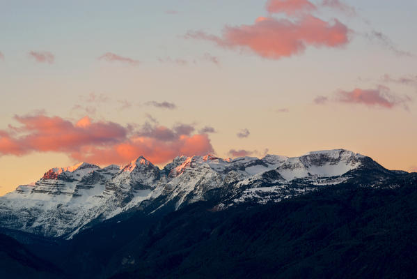 Italy, Trentino Alto Adige, Non valley, Dawn on Maddale group in a winter day.