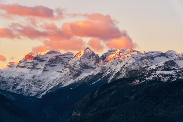 Italy, Trentino Alto Adige, Non valley, Dawn on Maddale group in a winter day.