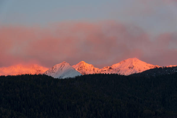 Italy, Trentino Alto Adige, Non valley, Dawn on Maddale group in a winter day.
