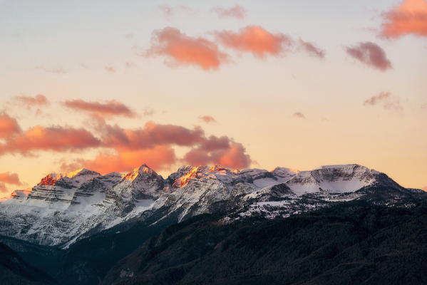 Italy, Trentino Alto Adige, Non valley, Dawn on Maddale group in a winter day.