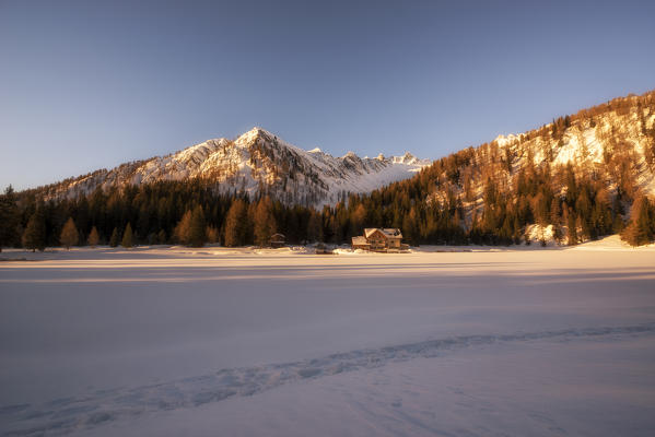 Sunrise on Nambino's lake, Madonna di Campiglio, Trentino, Italy, Europe.