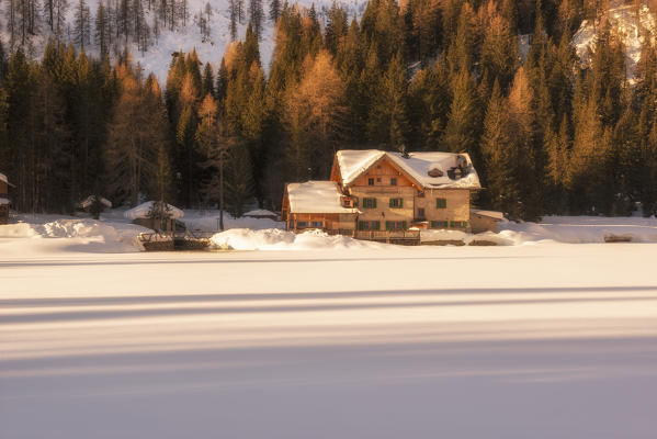 Sunrise on Nambino's lake, Madonna di Campiglio, Trentino, Italy, Europe.