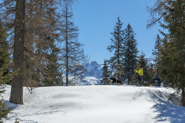 Hikers with snowshoe adventure on the snow towards nambino lake, natural park Adamello Brenta, Madonna di Campiglio, Trentino Alto Adige, Italy, Europe.