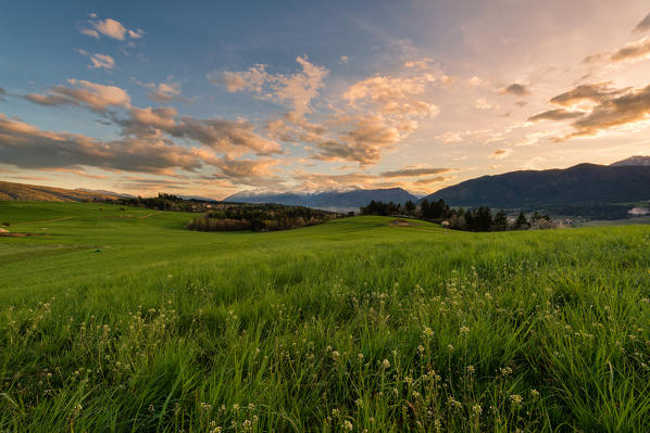 Italy, Trentino Alto Adige, sunset on the prairies of Non valley on a spring day.