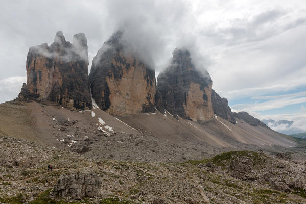 Europe, Italy, Dolomites, Belluno, Bolzano. Tre Cime di Lavaredo on a cloudy day