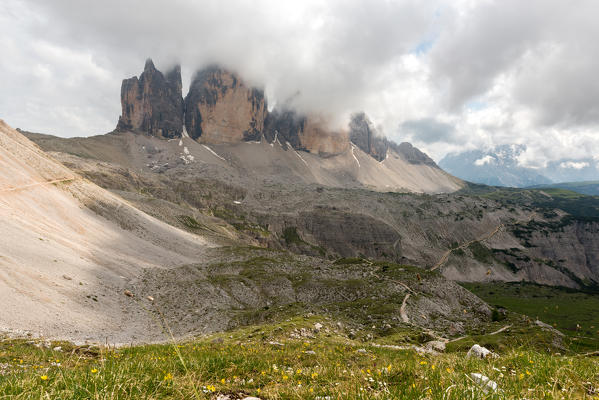 Europe, Italy, Dolomites, Belluno, Bolzano. Tre Cime di Lavaredo on a cloudy day