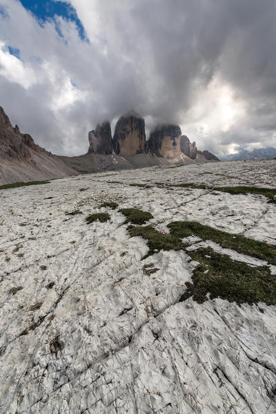 Europe, Italy, Dolomites, Belluno and Bolzano. Tre Cime di Lavaredo, the north face