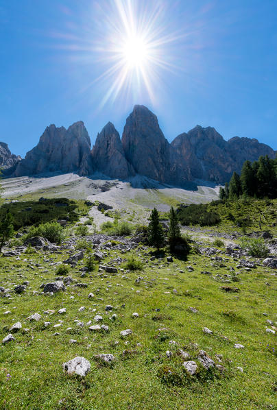 Funes Valley, Dolomites, South Tyrol, Bolzano province, Italy, Europe. Peaks of the Odle in a summer day.