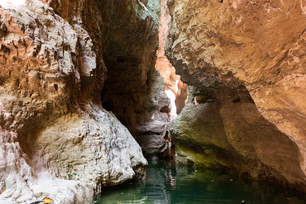 The canyon of Novella river seen from kayak, St. Giustina Lake, Non valley, Trento province, Trentino South Tyrol, Italy, Europe