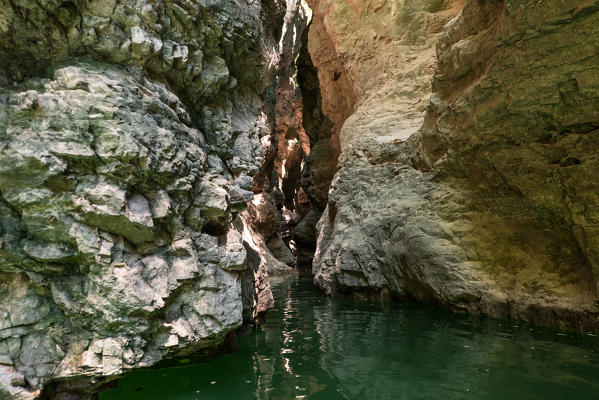 The canyon of Novella river seen from kayak, St. Giustina Lake, Non valley, Trento province, Trentino South Tyrol, Italy, Europe