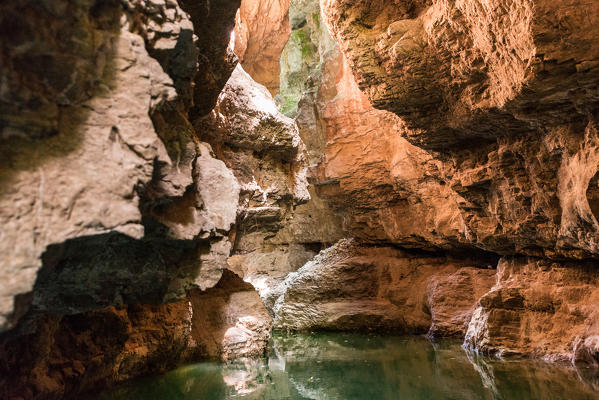 The canyon of Novella river seen from kayak, St. Giustina Lake, Non valley, Trento province, Trentino South Tyrol, Italy, Europe