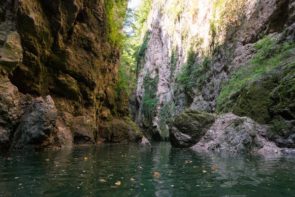 The canyon of Novella river seen from kayak, St. Giustina Lake, Non valley, Trento province, Trentino South Tyrol, Italy, Europe