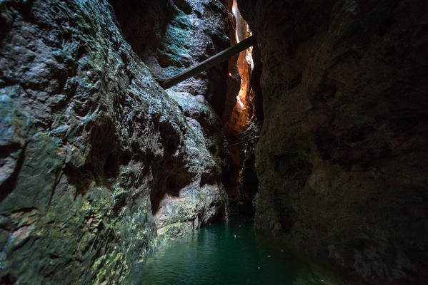 The canyon of Novella river seen from kayak, St. Giustina Lake, Non valley, Trento province, Trentino South Tyrol, Italy, Europe