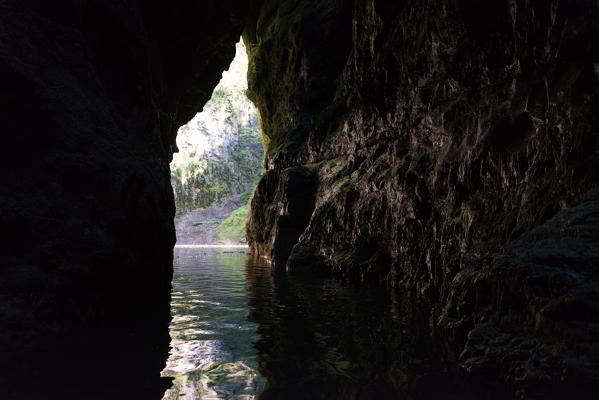 The canyon of Novella river seen from kayak, St. Giustina Lake, Non valley, Trento province, Trentino South Tyrol, Italy, Europe