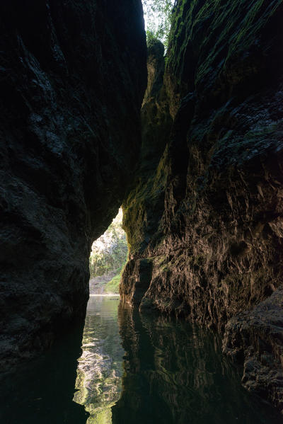 The canyon of Novella river seen from kayak, St. Giustina Lake, Non valley, Trento province, Trentino South Tyrol, Italy, Europe