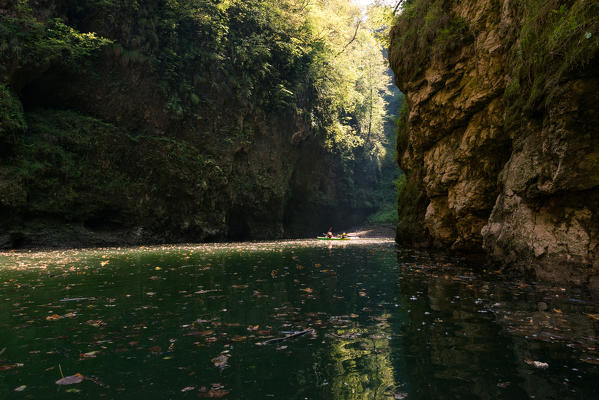 Hiking kayak sailing in Novella canyon, St. Giustina Lake, Non valley, Trento province, Trentino South Tyrol, Italy, Europe