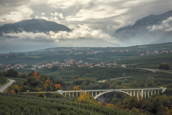 Italy, Trentino South Tyrol, autumn view of Non valley and S. Giustina bridge.
