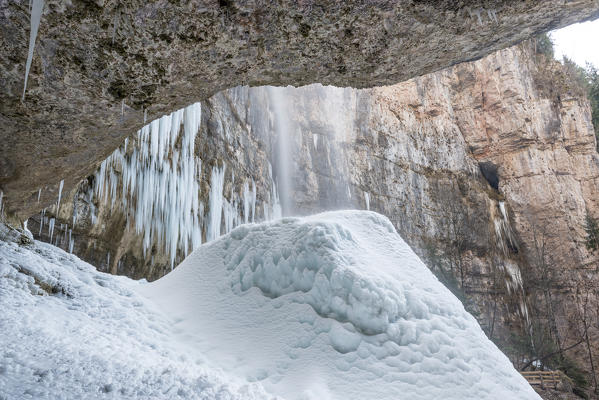 Italy, trentino south Tyrol, Non Valley, view from inside frozen waterfall from Tret city.