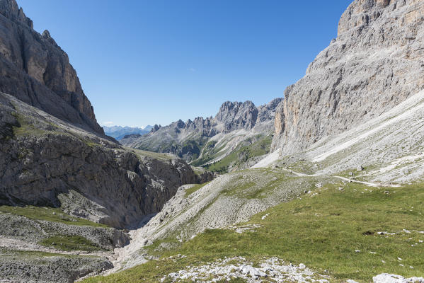 Panoramic view of the Gardeccia's peaks and Preuss refuge, dolomites, Fassa valley, Trentino South Tyrol, Italy