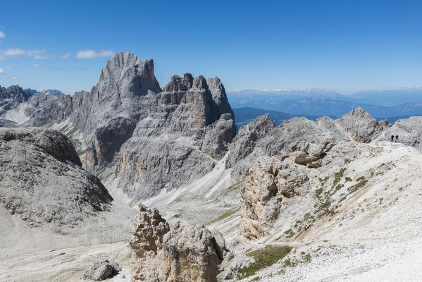 Panoramic view of Antermoia valley seen from Antermoia pass, dolomites, Fassa valley, Trentino South Tyrol, Italy