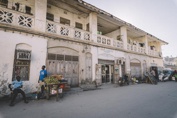 East Africa, Tanzania, Zanzibar, street with shops of stone town.