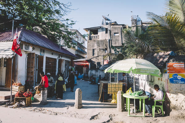 East Africa, Tanzania, Zanzibar, street with shops of stone town.