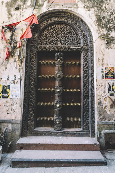 East Africa, Tanzania, Zanzibar, typical carved wooden door of Stone Town.